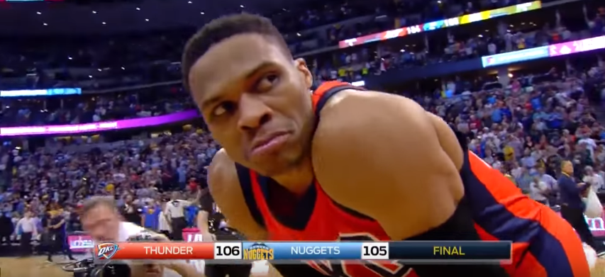 Contro i Nuggets, Russell Westbrook realizza la 42.esima tripla doppia stagionale. E' record! (foto da: youtube.com)