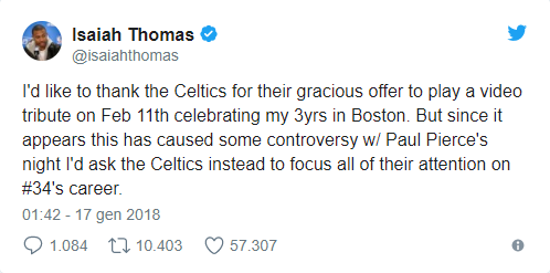 Il tweet con cui Thomas rinuncia al suo video tributo in programma a Boston il prossimo 11 Febbraio (foto da: twitter.com)